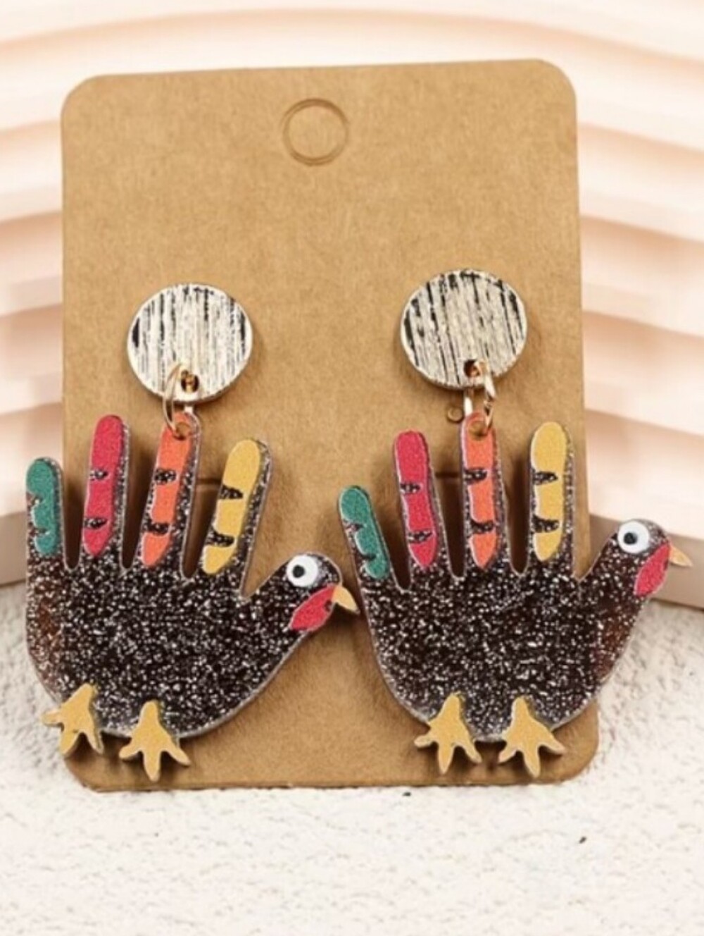 Handprint Turkey Earrings - Multicolor Glitter